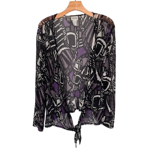 Chicos 2 Black Purple Tie-Front mesh Cardigan jacket Size large Geometric - Picture 1 of 10